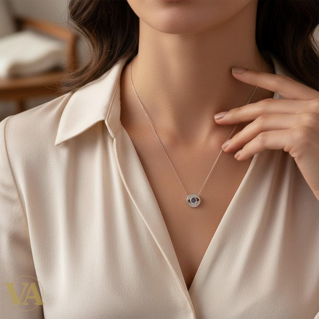 Collier Femme Œil de Protection Argent 925 Plaqué Or Rose — Pavé Zircons Saphir & Blancs