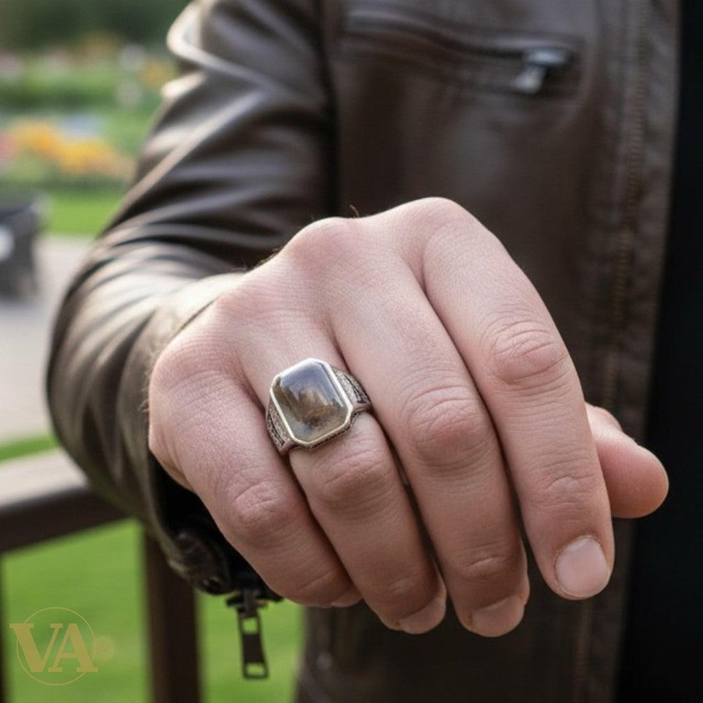 Chevalière Homme Argent 925 & Agate Dendrite – Calligraphie Orientale & Zircons