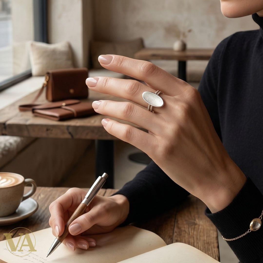 Bague Femme Argent 925 Cabochon Ovale Poli Anneau Torsadé