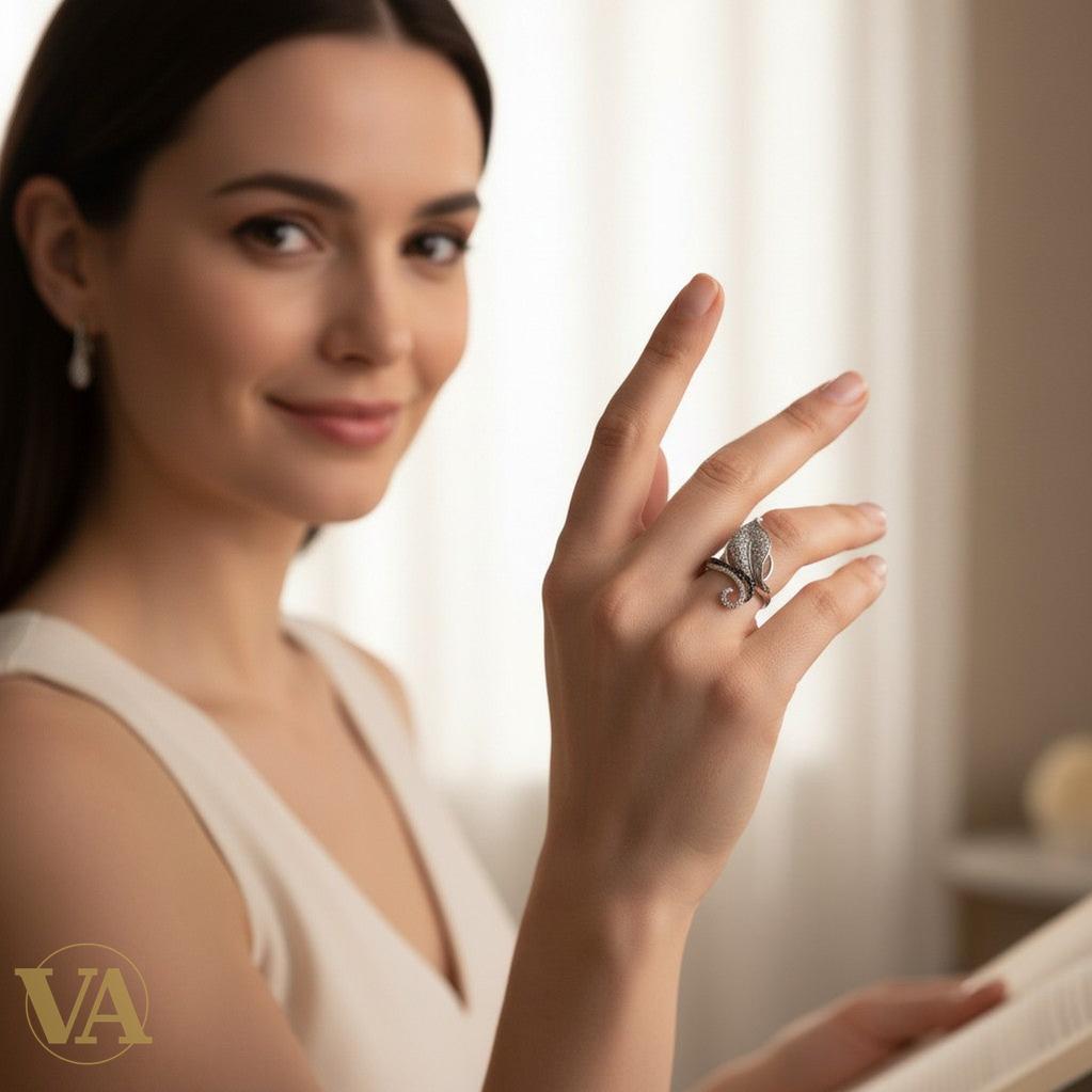 Bague femme argent 925 Feuille pavée Zircons Onyx noir volute