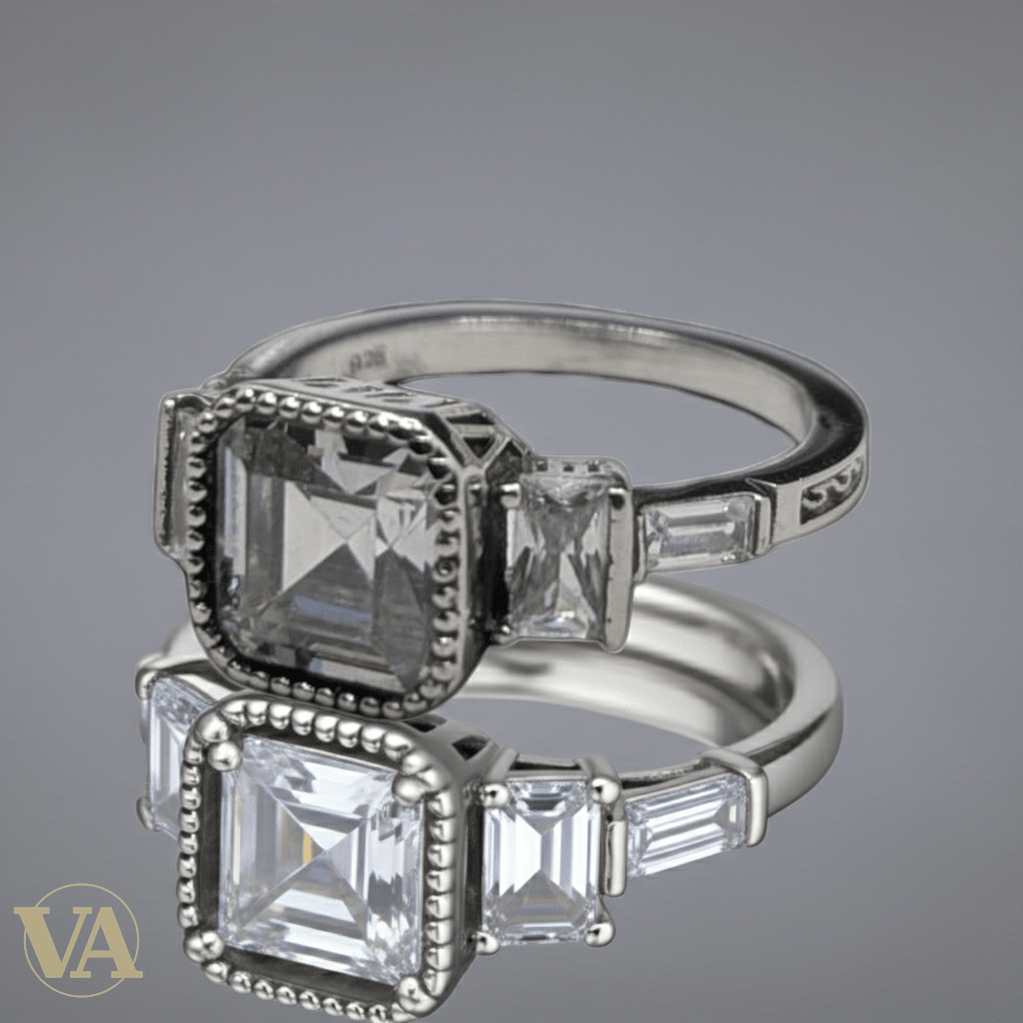 Bague Femme Argent 925 Solitaire Zircon Asscher Milgrain Art Déco - Argent 925 - Vindicta