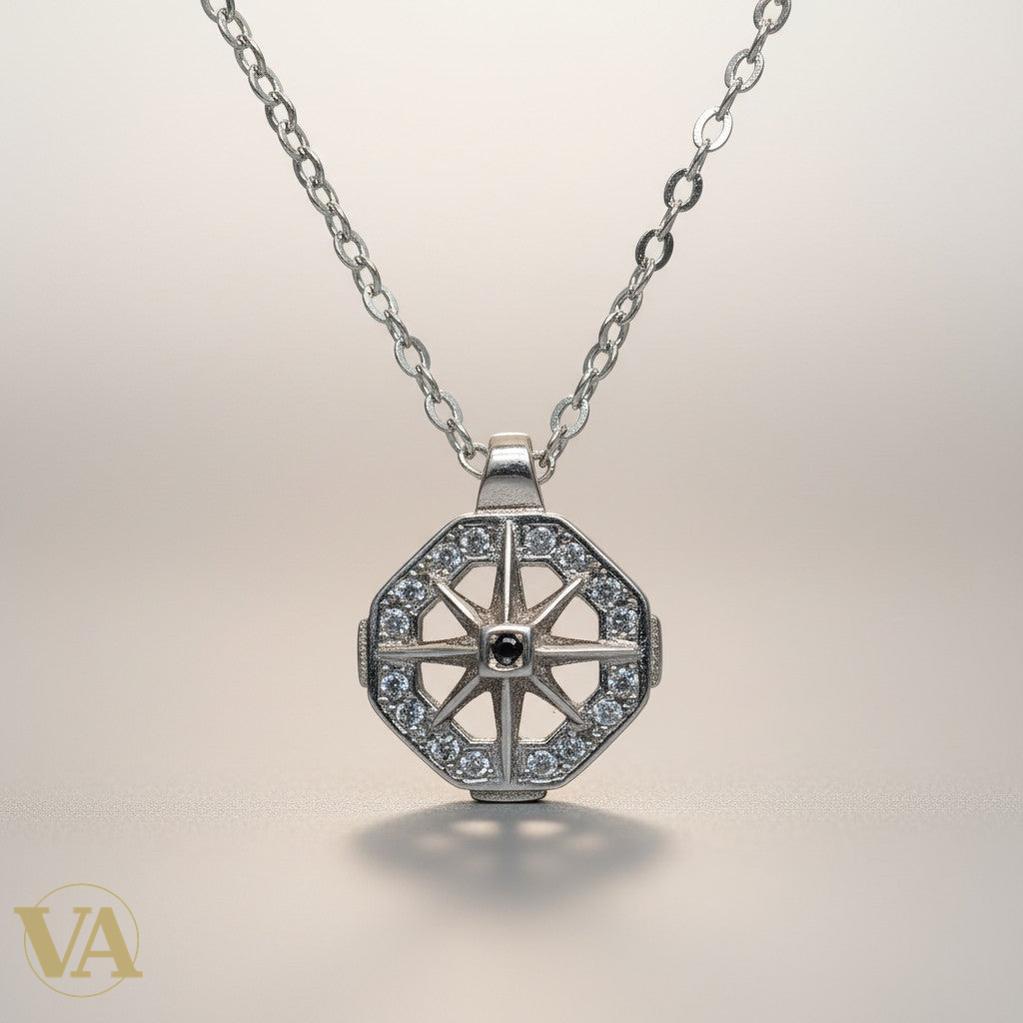 Collier Femme Rose des Vents Argent 925 — Médaillon Octogonal Pavé Zircons Art Déco