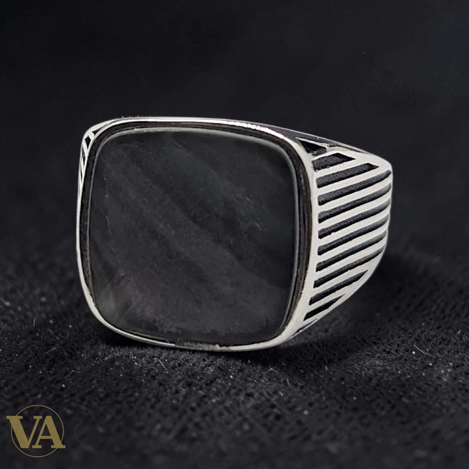 Chevalière Homme Argent 925 Nacre Grise Plateau Carré Flancs Striés - Argent 925 - Vindicta
