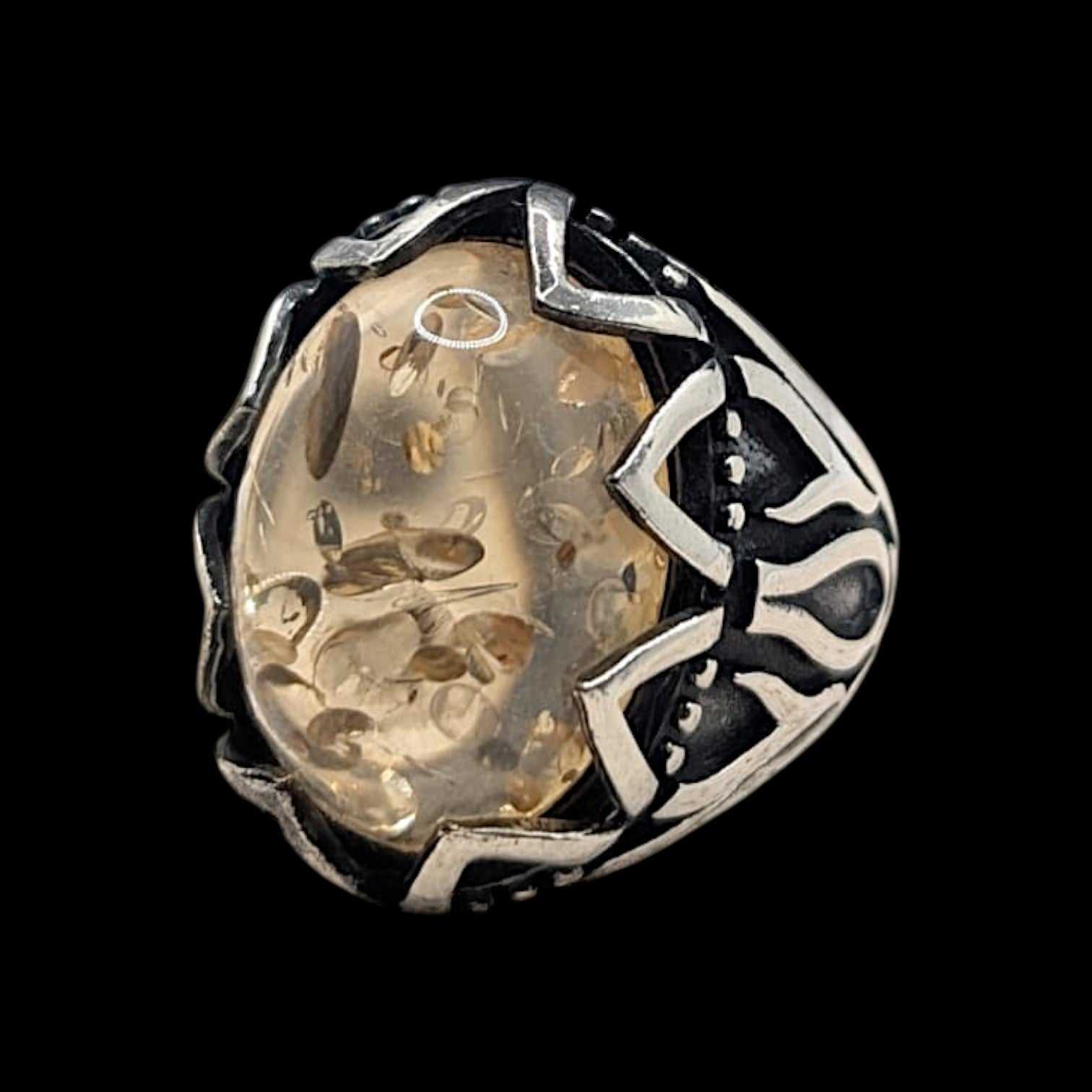 Chevalière Homme Argent 925 Ambre Jaune Naturel Motif Flammes-Vindicta : Bijoux Argent 925 Massif, Luxe et Héritage