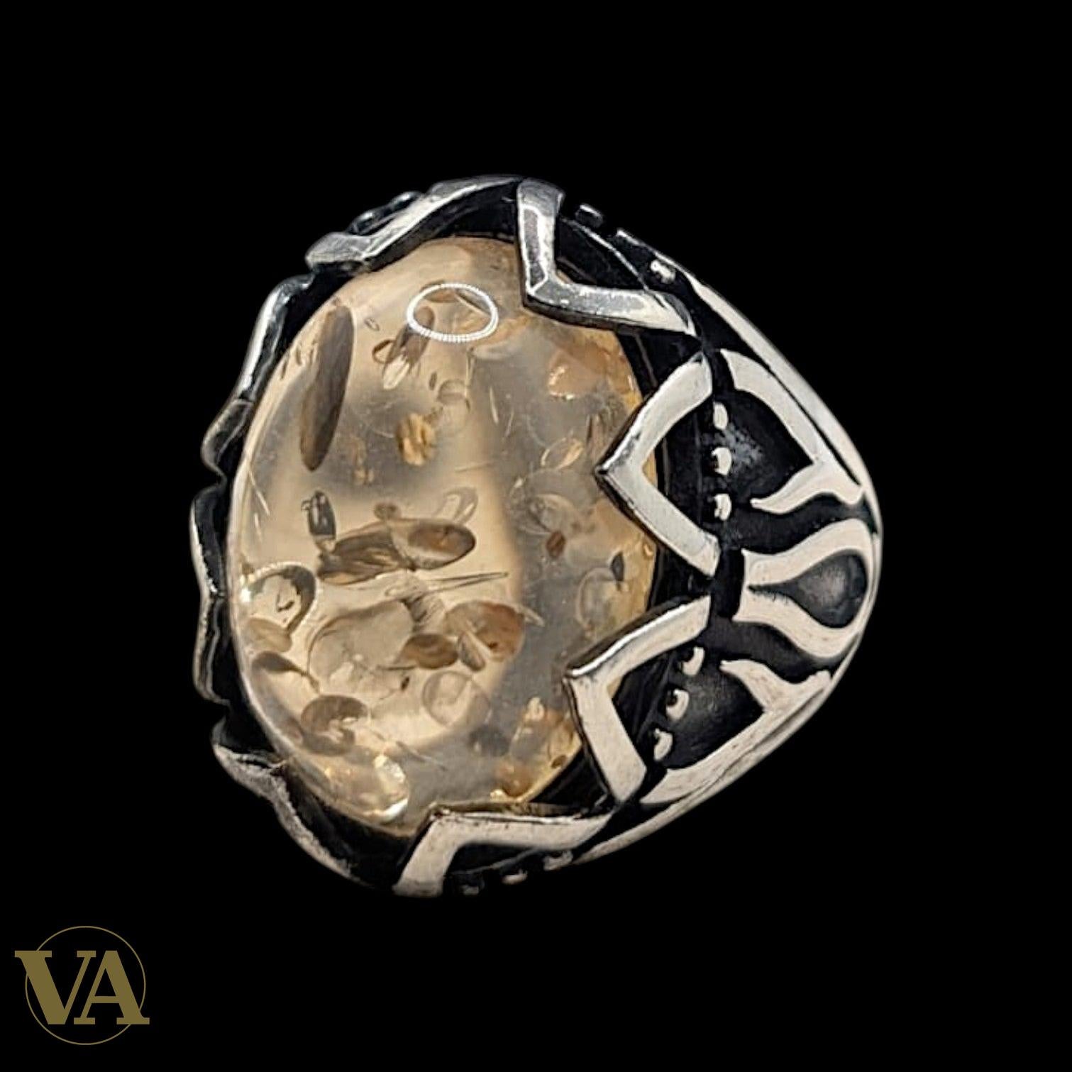 Chevalière Homme Argent 925 Ambre Jaune Naturel Motif Flammes-Vindicta : Bijoux Argent 925 Massif, Luxe et Héritage