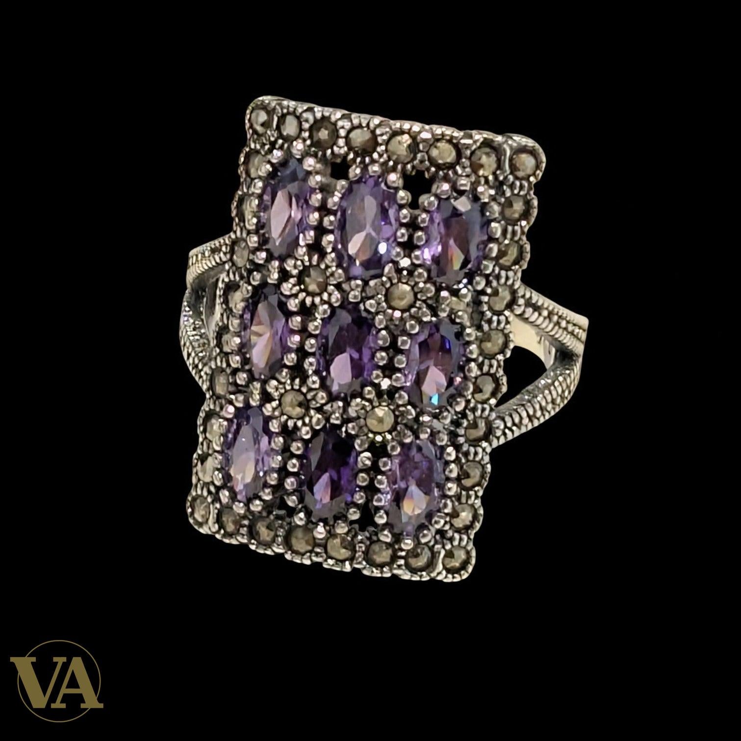 Bague rectangulaire en argent 925, améthyste & marcassite