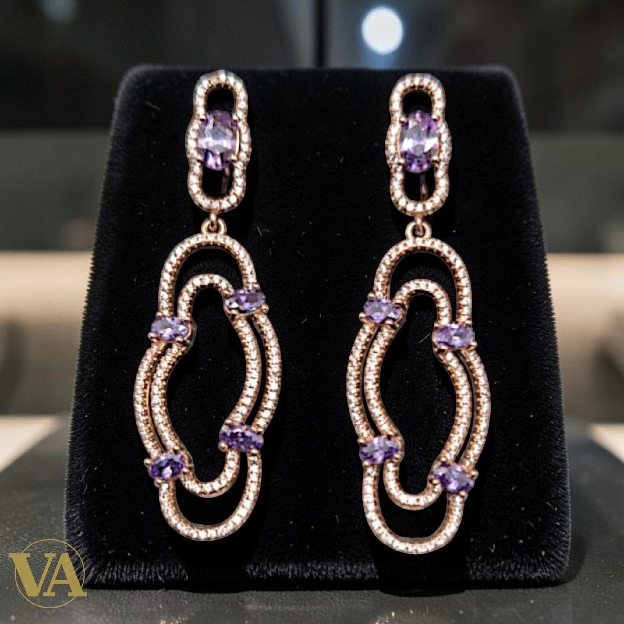 Boucles d'Oreilles Femme Argent 925 Plaqué Or Rose et Améthyste | Bijoux Vindicta
