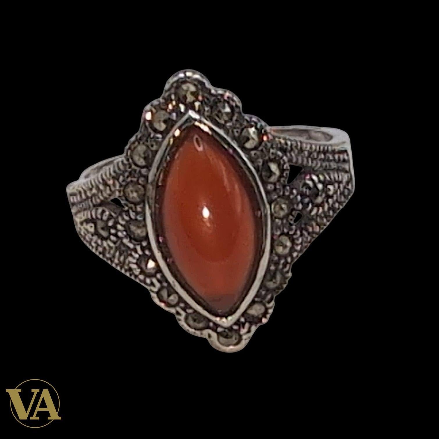 Bague Femme Argent 925 Cornaline Navette & Marcassite – Style Vintage Élégant