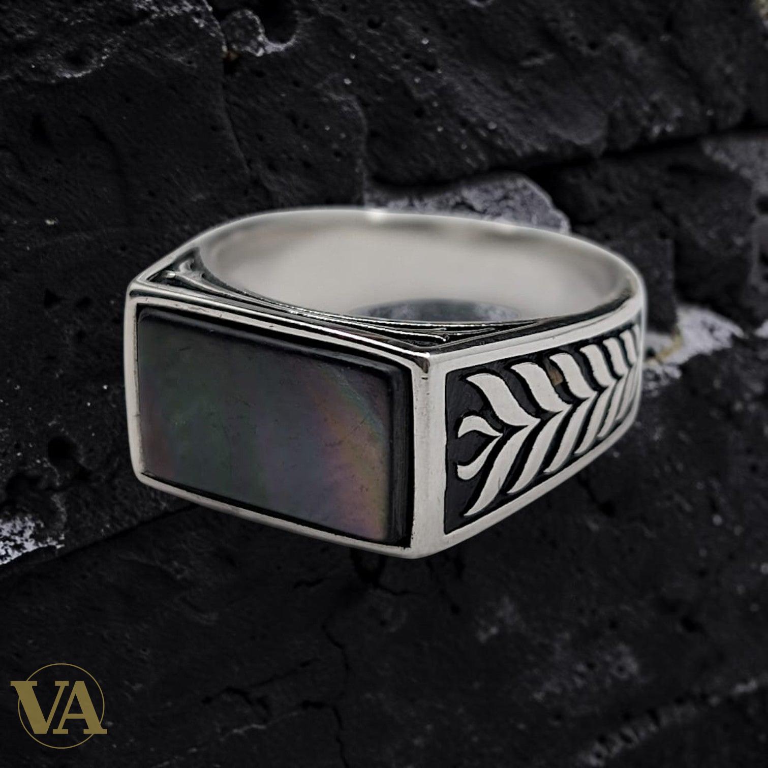 Chevalière Homme Argent 925 Nacre Gris Anthracite Motif Épi de Blé - Argent 925 - Vindicta