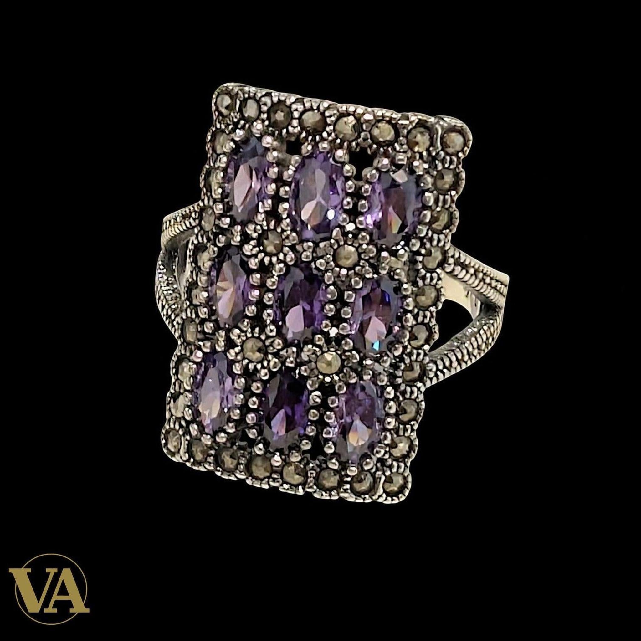 Bague femme rectangulaire en argent 925, améthyste & marcassite - Argent 925 - Vindicta
