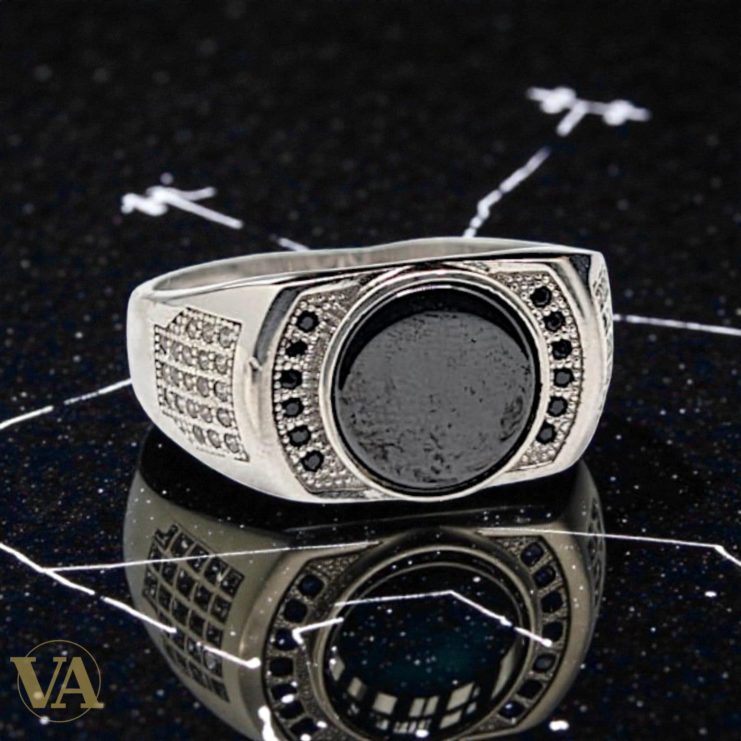 Bague homme argent 925 – Onyx Noir & Zirconiums Pavés