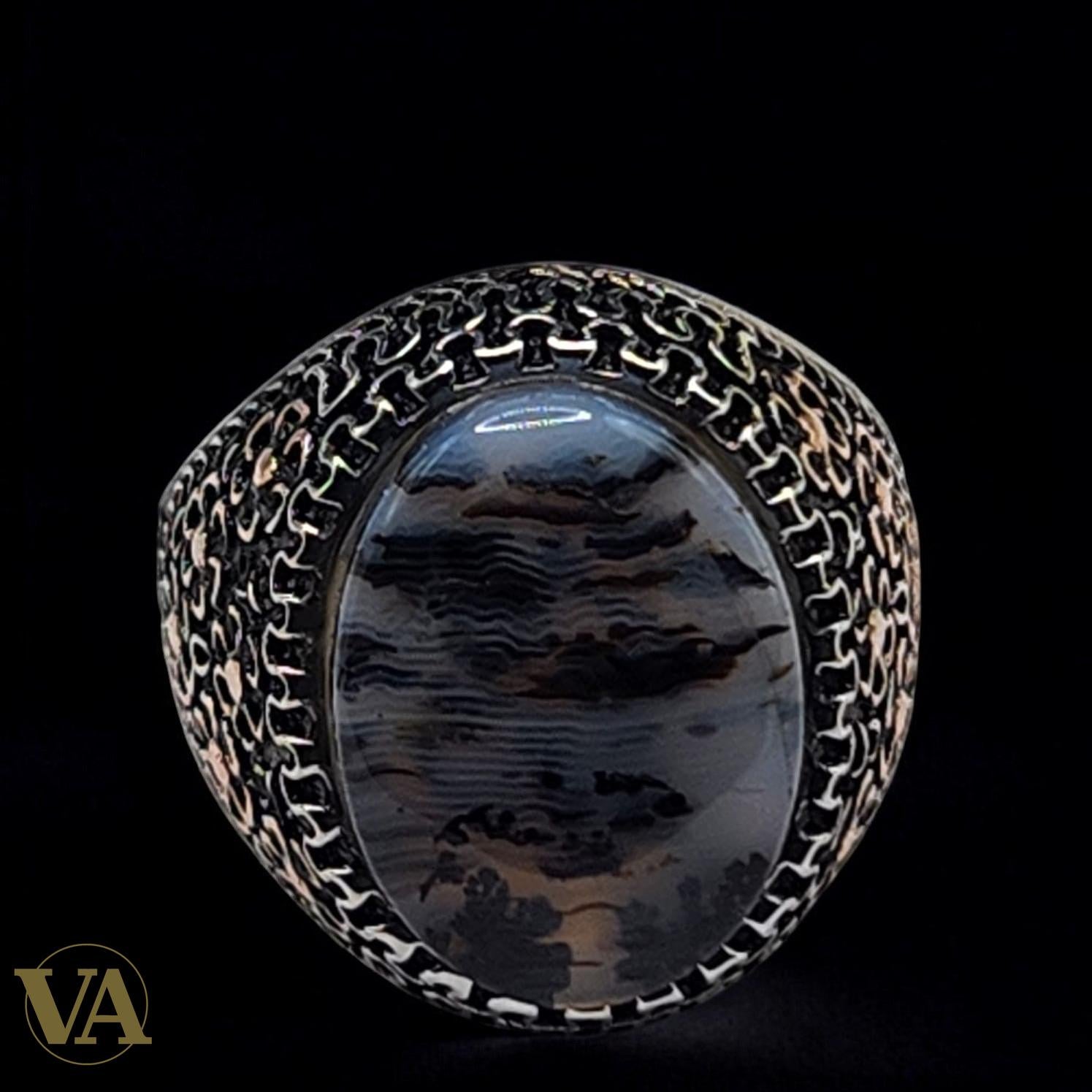 Bague homme argent 925 avec agate dendritique