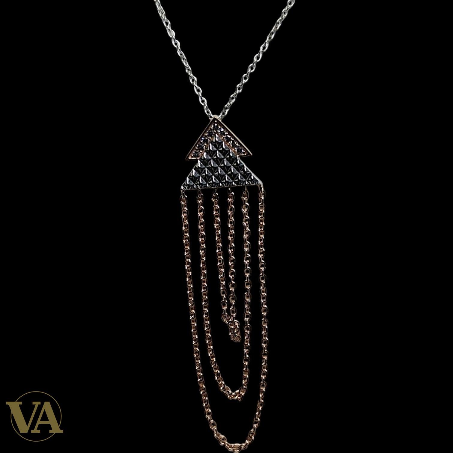 Collier Femme Argent 925 Plaqué Or Rose — Pendentif Double Triangle Pavé Cascade Chaînes | Bijoux Vindicta