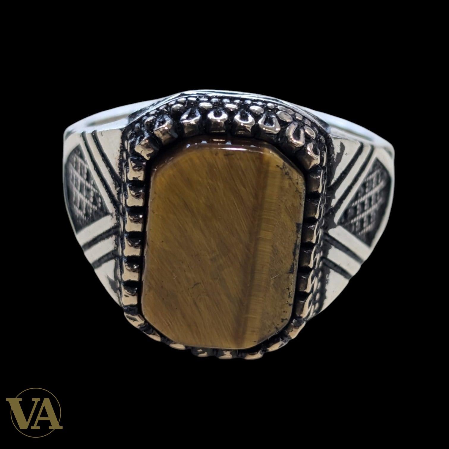 Bague homme – Argent 925, Plaqué or rose – Œil de tigre & marcassite