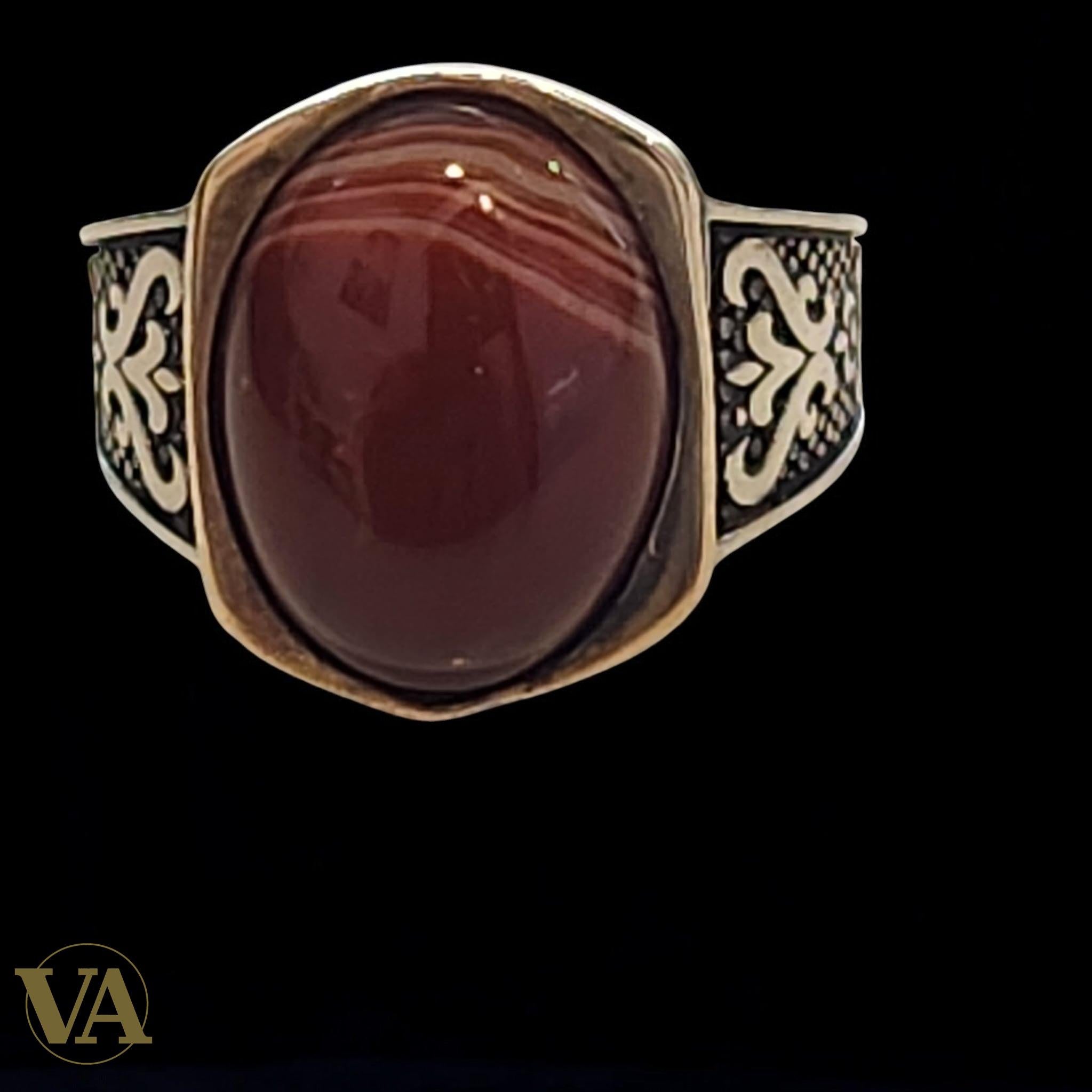Bague homme argent 925 et agate rouge ovale