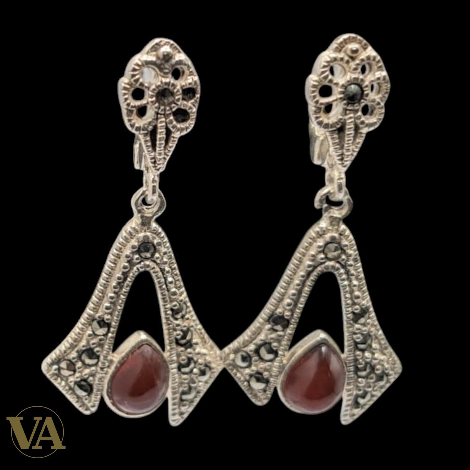 Boucles d'Oreilles Argent 925 Cornaline et Marcassite Art Déco