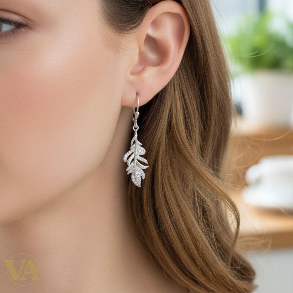 Boucles d'Oreilles Femme Pendantes Argent 925 – Plume Pavée Zirconium | Bijoux Vindicta