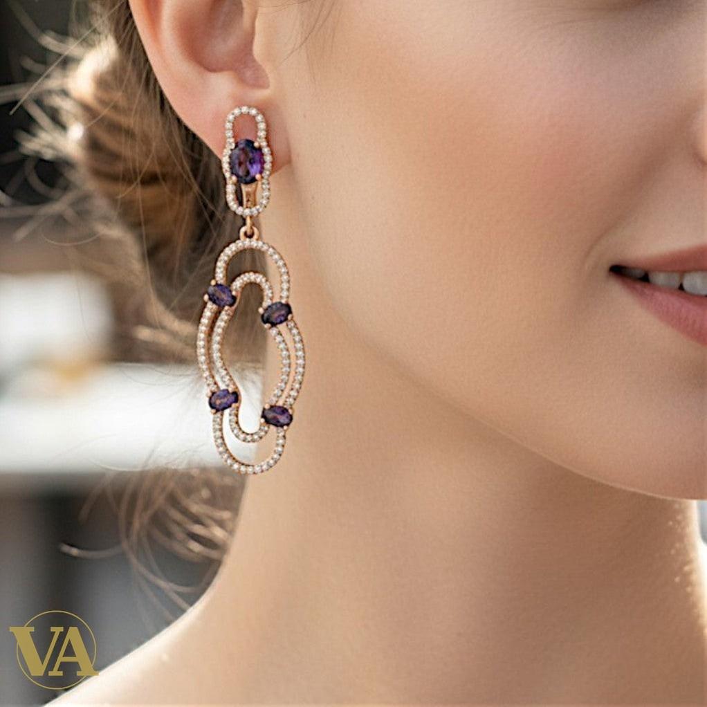 Boucles d'Oreilles Femme Argent 925 Plaqué Or Rose et Améthyste | Bijoux Vindicta