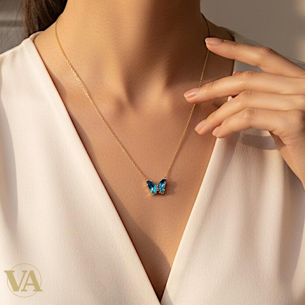 Collier Femme Papillon Vermeil — Topaze Bleue Taille Marquise | Bijoux Vindicta