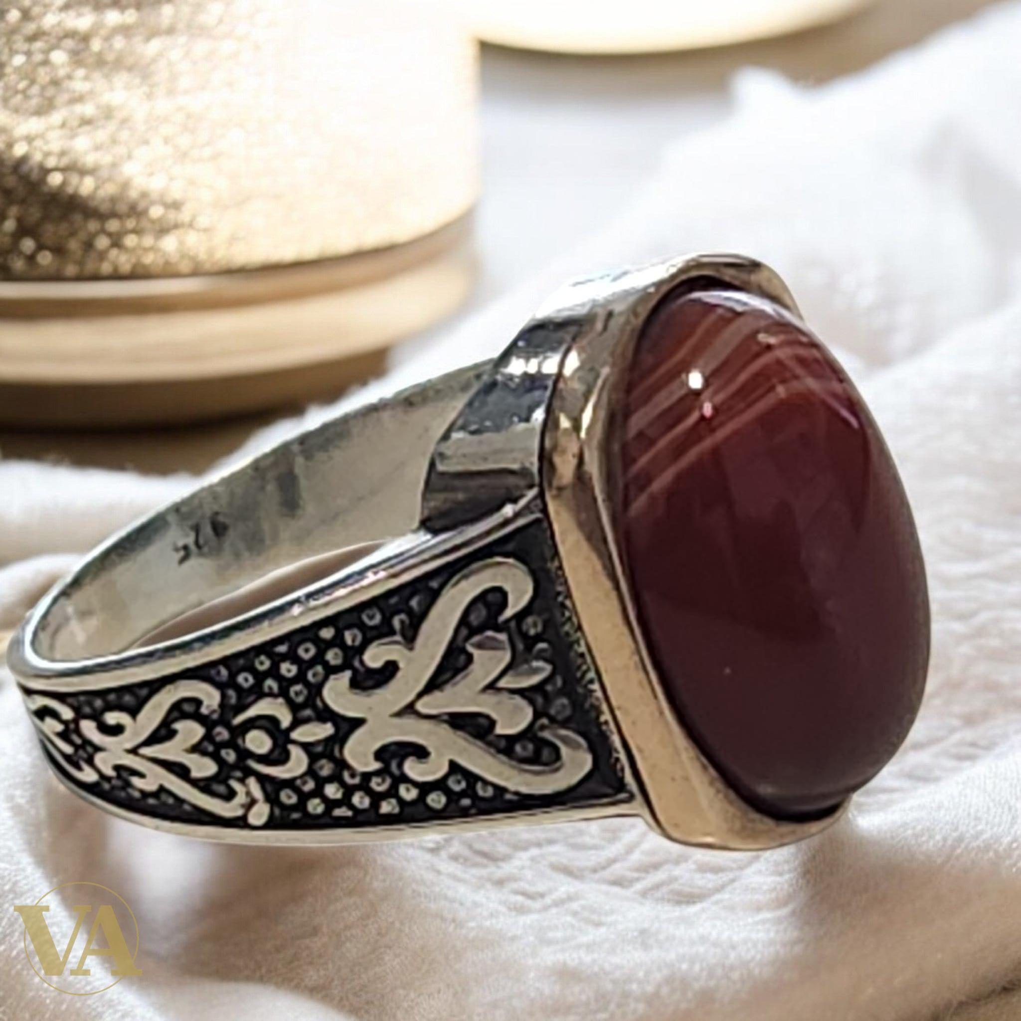 Bague homme argent 925 et agate rouge ovale - Argent 925 - Vindicta