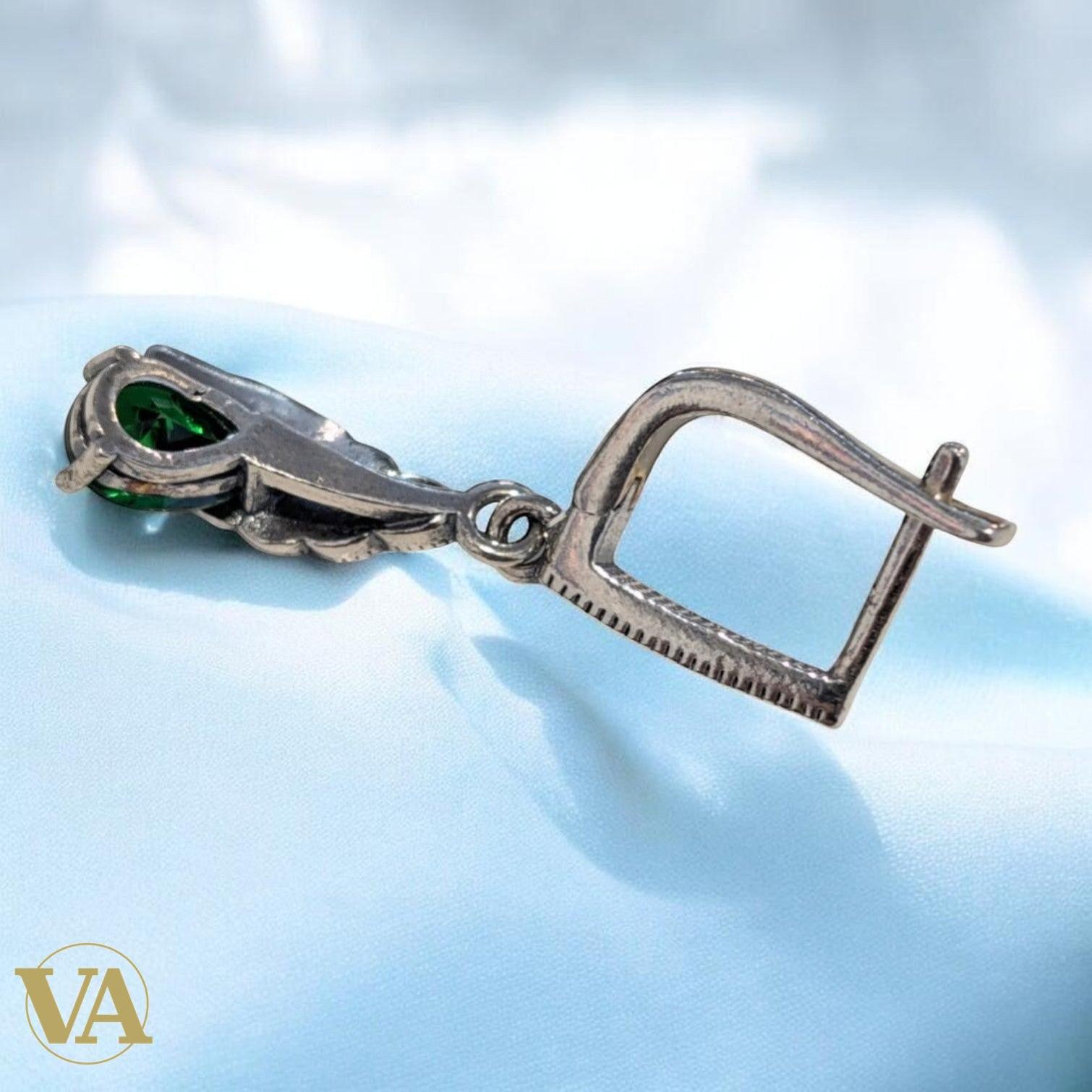 Boucles d’oreilles femme argent 925 marcassite et pierre verte – Style végétal élégant | Bijoux Vindicta