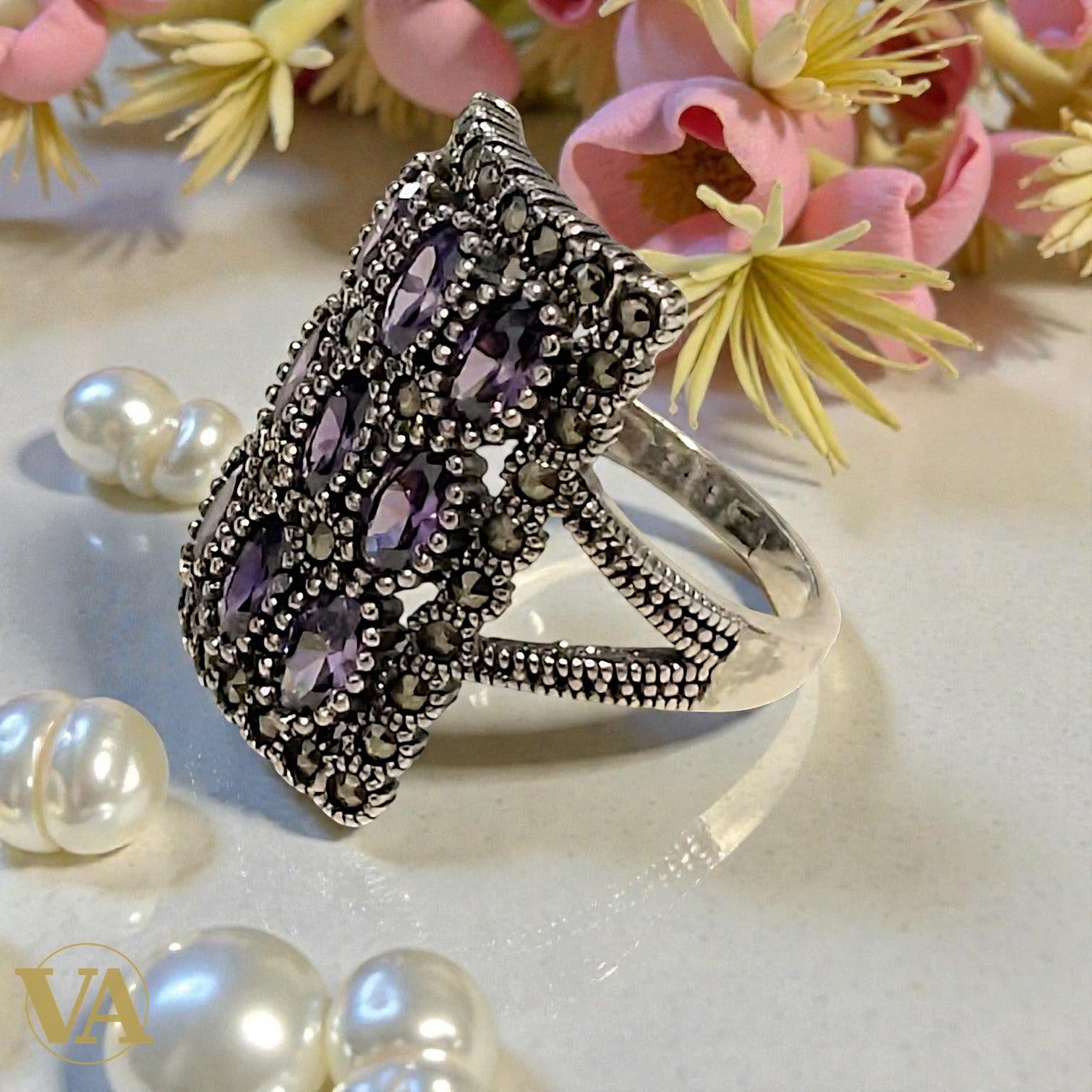 Bague femme rectangulaire en argent 925, améthyste & marcassite | Bijoux Vindicta