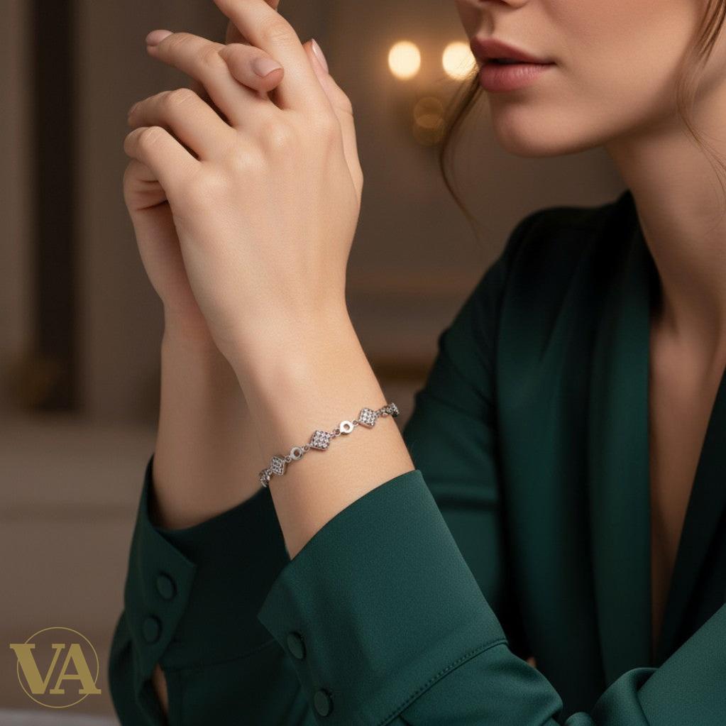 Bracelet femme argent 925 maillons zirconium et pavés carrés