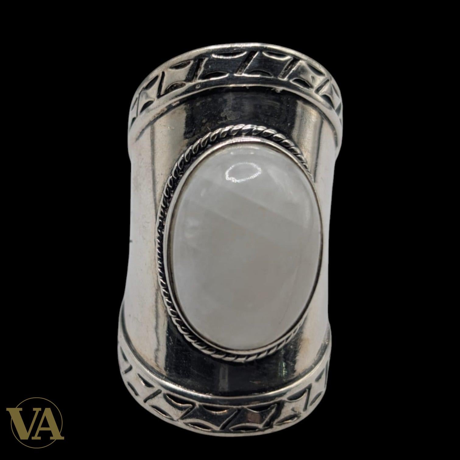 Bague femme Argent 925 Massif Pierre de Lune Naturelle Design Bouclier