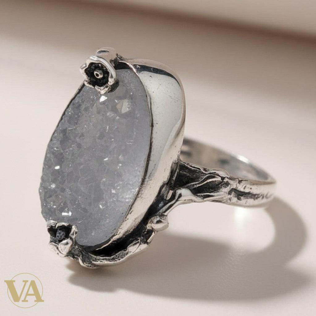 Bague femme argent 925 Quartz Druzy brut ovale monture fleurs