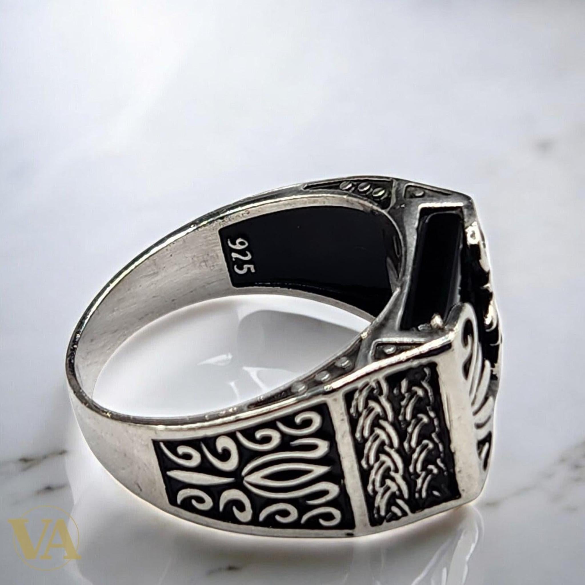 Bague Homme Argent 925 – Onyx noir rectangulaire & motifs orientaux - Argent 925 - Vindicta