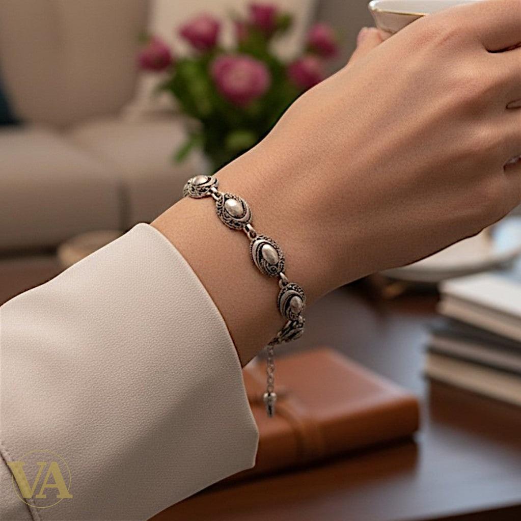 Bracelet Femme Argent 925 Massif – Médaillons Ovales Cisélés Style Oriental