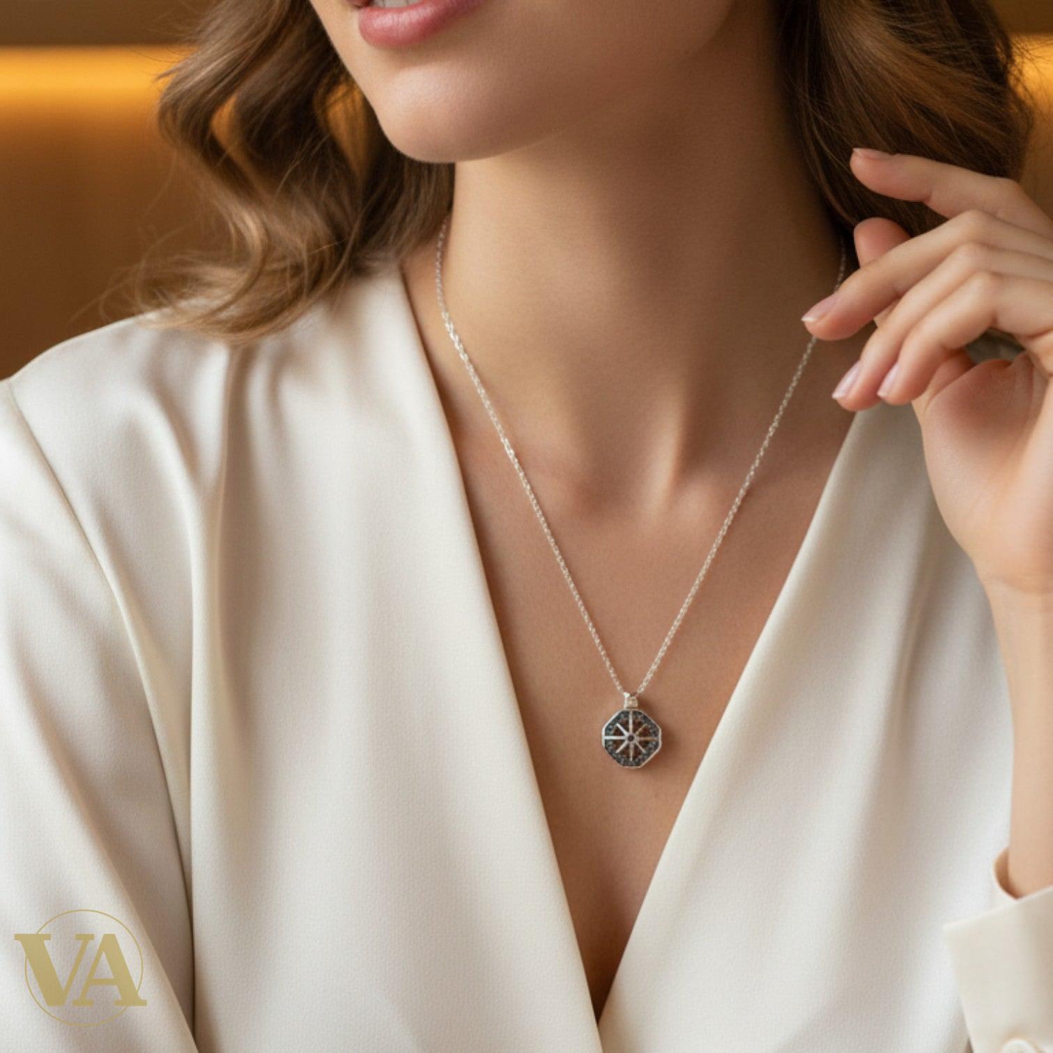Collier Femme Rose des Vents Argent 925 — Médaillon Octogonal Pavé Zircons Art Déco