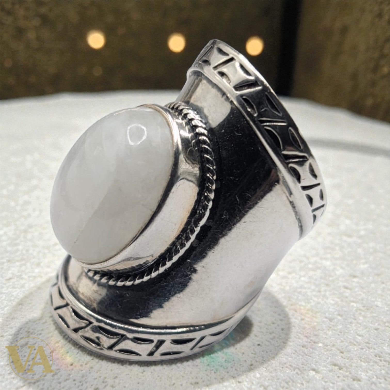 Bague femme Argent 925 Massif Pierre de Lune Naturelle Design Bouclier