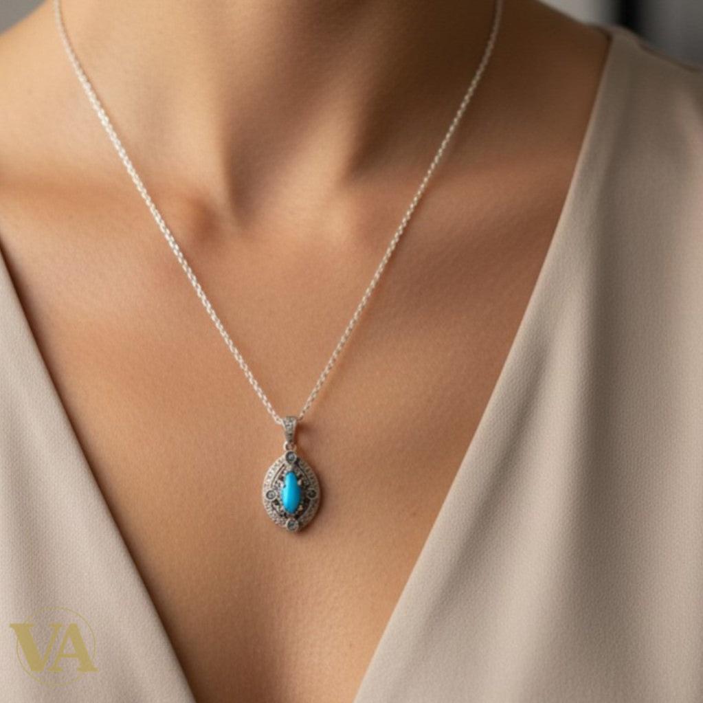 Collier Turquoise Marcassite Argent 925 - Pendentif Art Déco Bleu