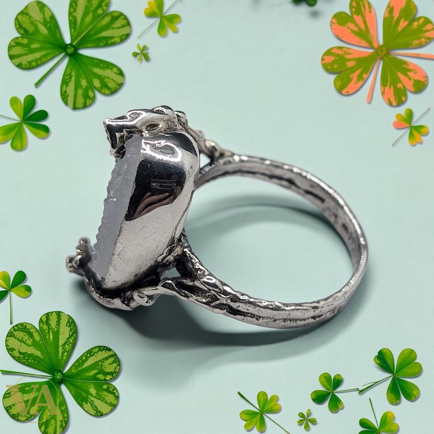 Bague femme argent 925 Quartz Druzy brut ovale monture fleurs