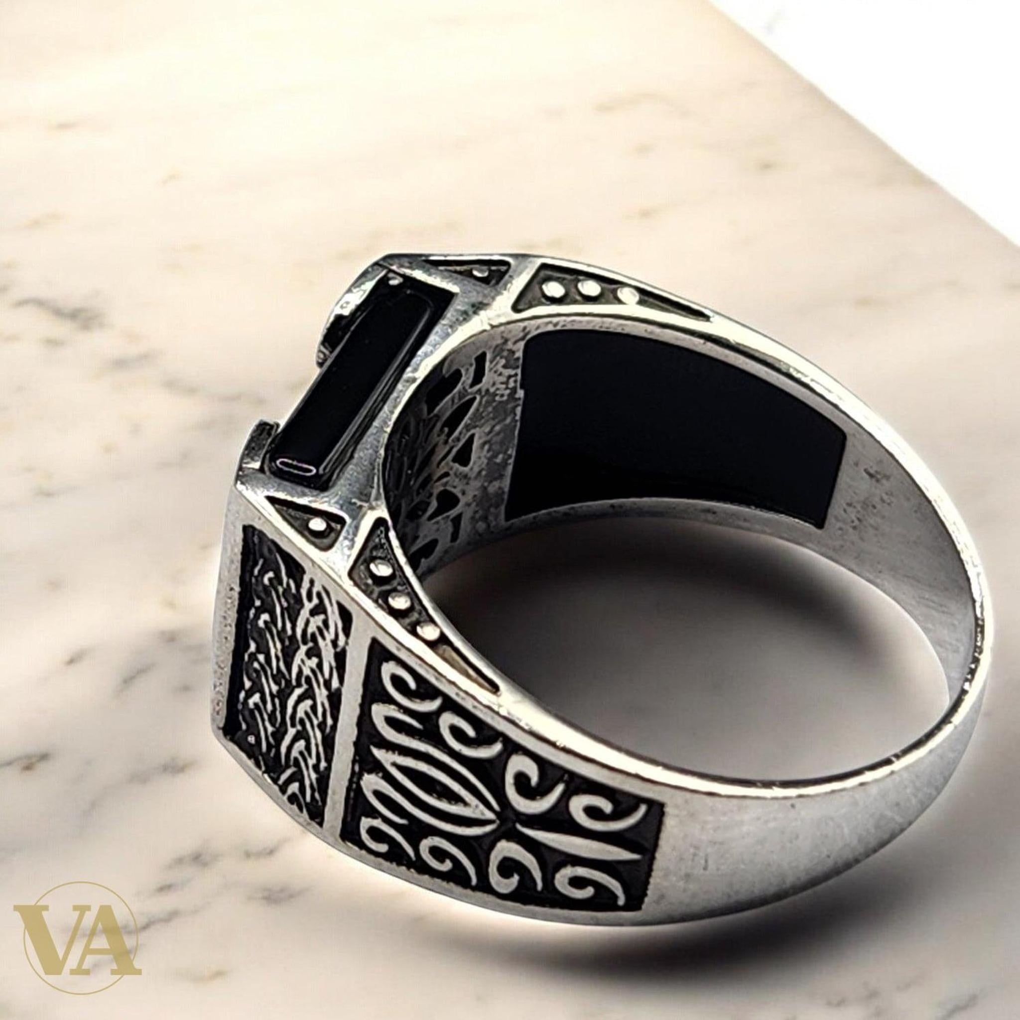 Bague Homme Argent 925 – Onyx noir rectangulaire & motifs orientaux - Argent 925 - Vindicta