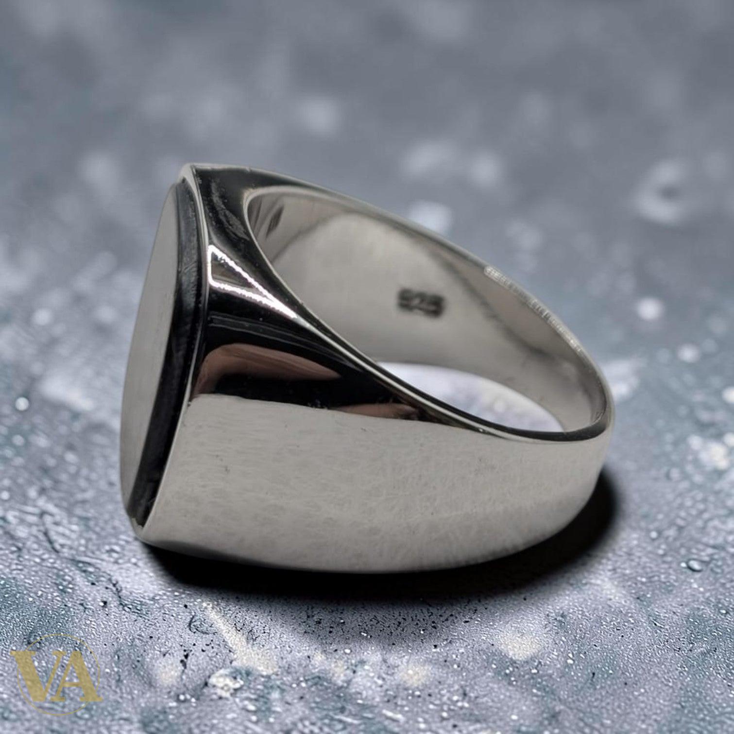 Chevalière Homme Argent 925 Nacre Gris Anthracite Cabochon Carré Arrondi Minimaliste