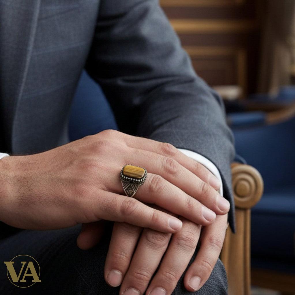 Bague homme – Argent 925, Plaqué or rose – Œil de tigre & marcassite