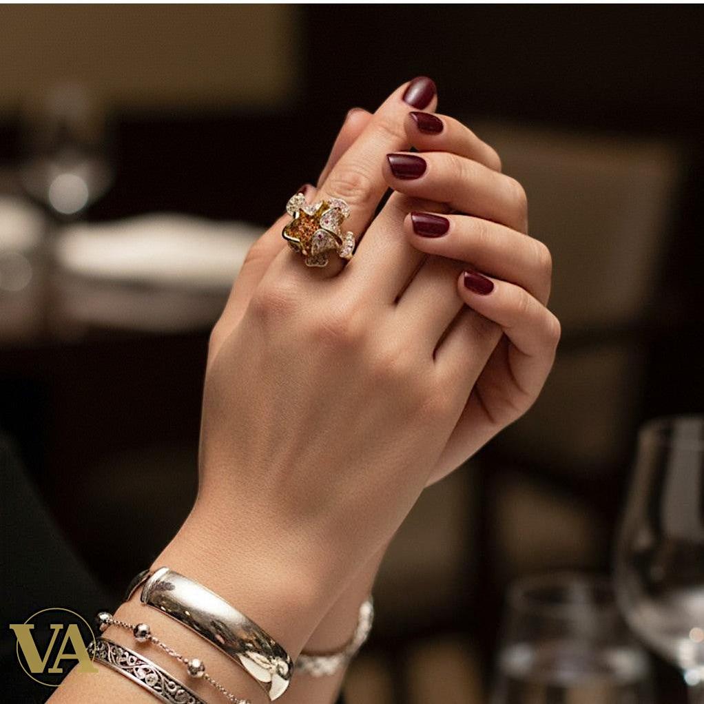 Bague Femme Argent 925 Plaqué Or – Pavage Multicolore & Design Floral