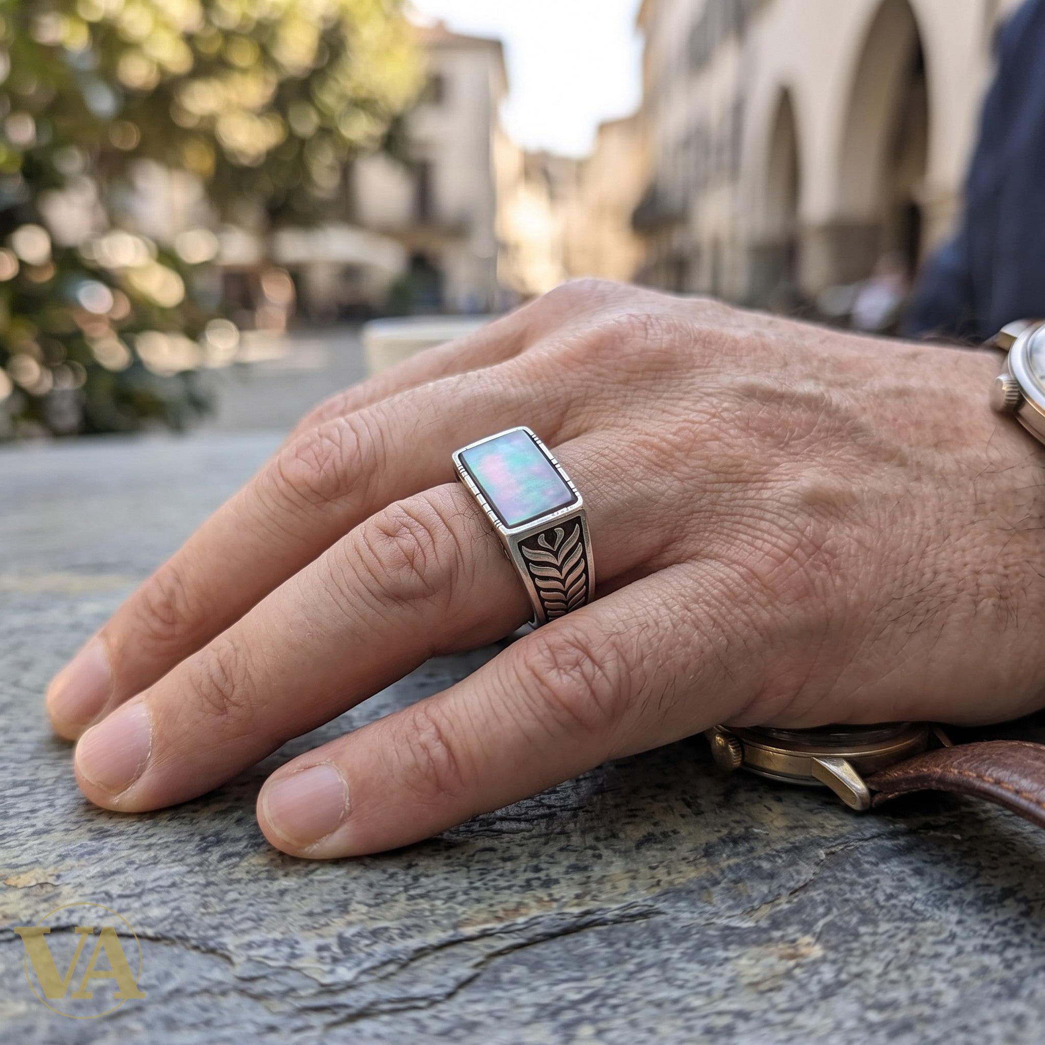 Chevalière Homme Argent 925 Nacre Gris Anthracite Motif Feuille Ciselé - Argent 925 - Vindicta