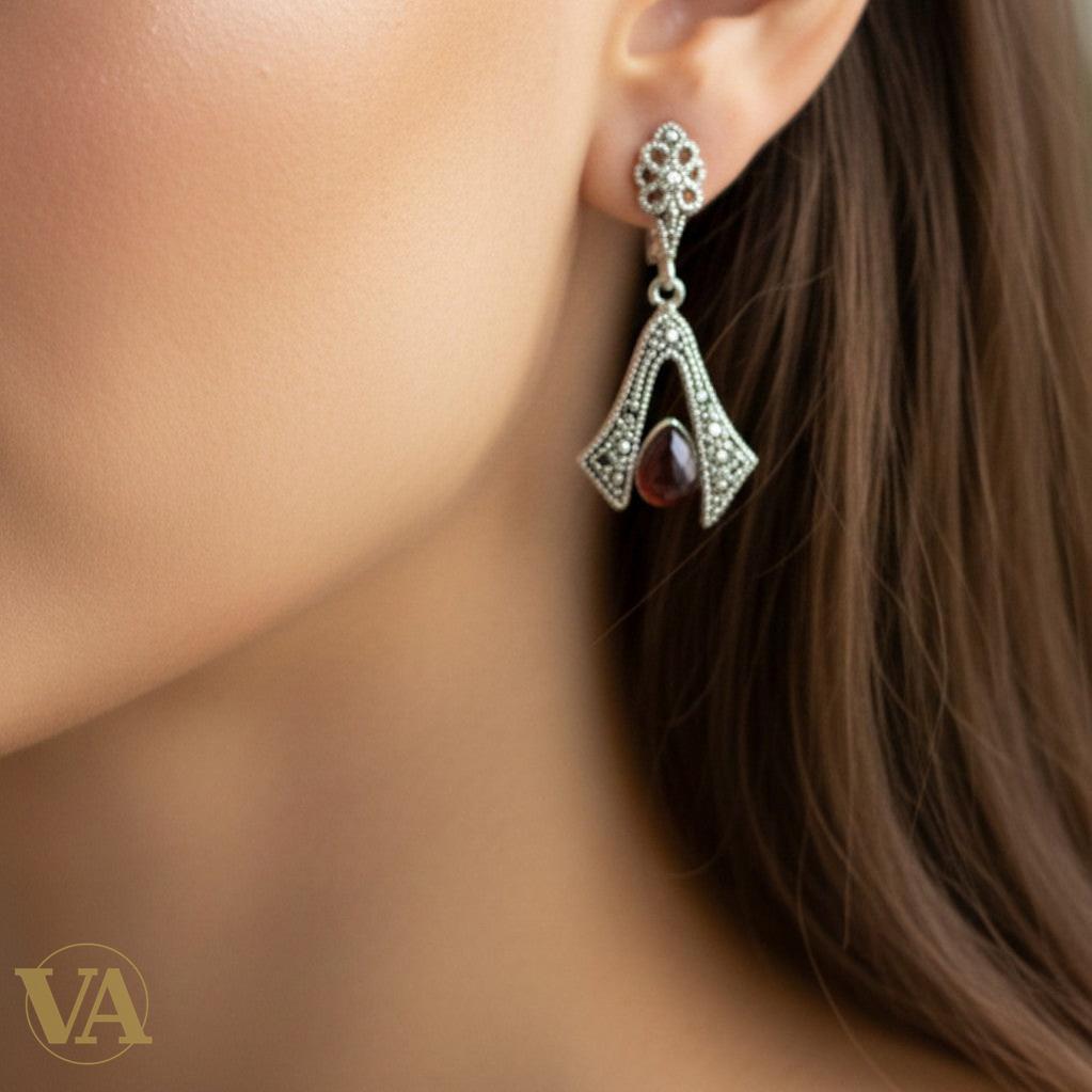 Boucles d'Oreilles Argent 925 Cornaline et Marcassite Art Déco