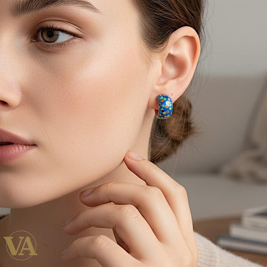Boucles d'oreilles Femme Argent 925 – Émail Bleu Confetti & Zirconiums