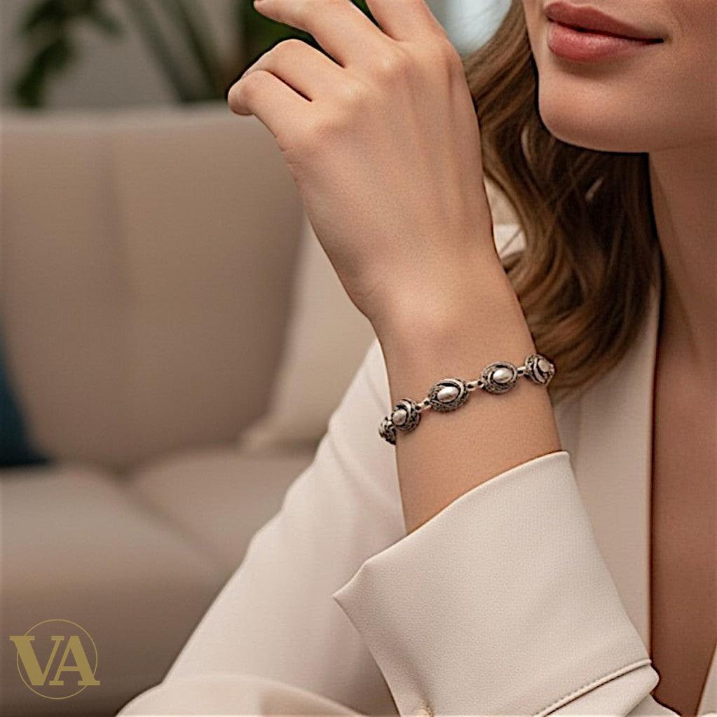 Bracelet Femme Argent 925 Massif – Médaillons Ovales Cisélés Style Oriental