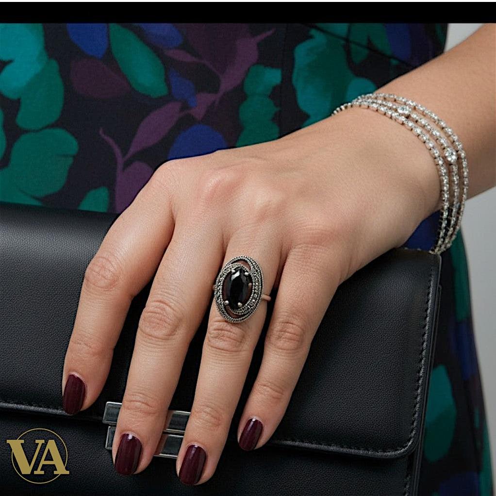 Bague femme Argent 925 Onyx Noir & Marcassites – Ovale Vintage