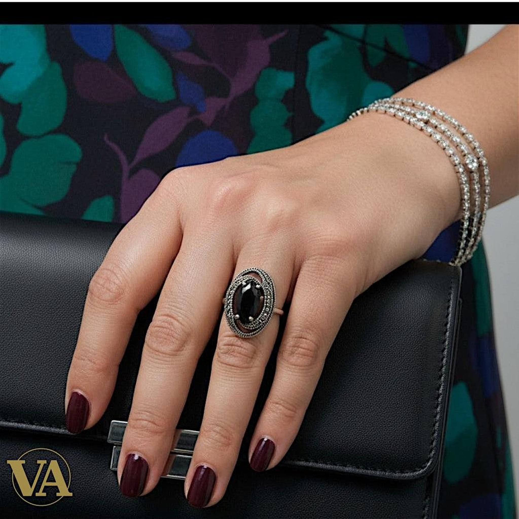 Bague femme Argent 925 Onyx Noir & Marcassites – Ovale Vintage - Argent 925 - Vindicta