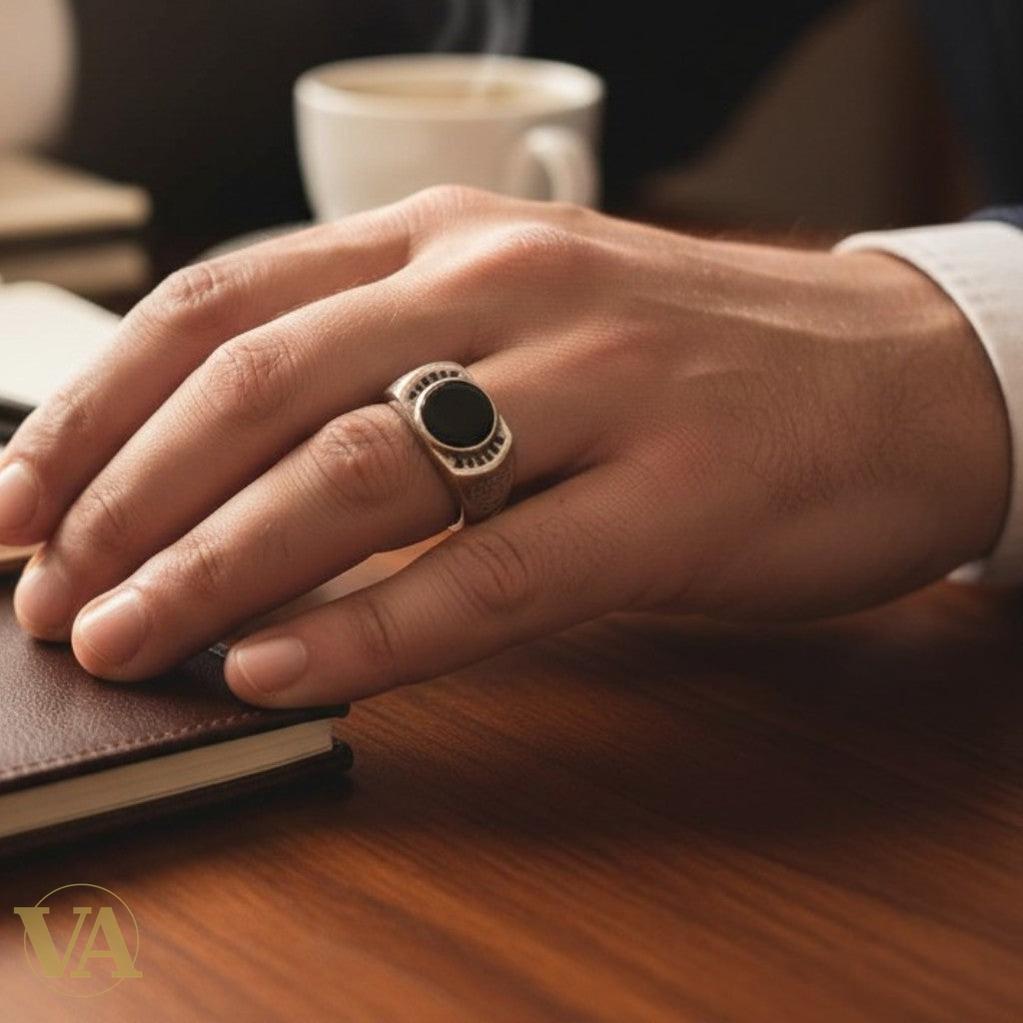 Bague homme argent 925 – Onyx Noir & Zirconiums Pavés