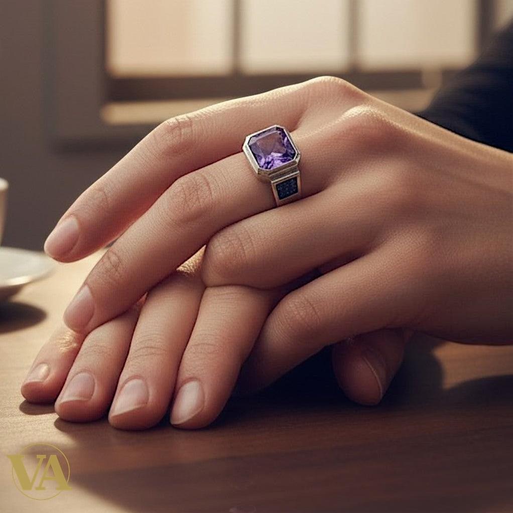 Bague Femme Argent 925 Améthyste - Chevalière Moderne