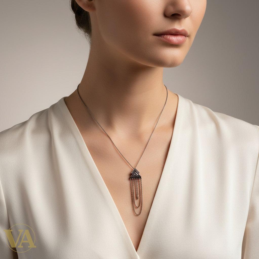 Collier Femme Argent 925 Plaqué Or Rose — Pendentif Double Triangle Pavé Cascade Chaînes | Bijoux Vindicta