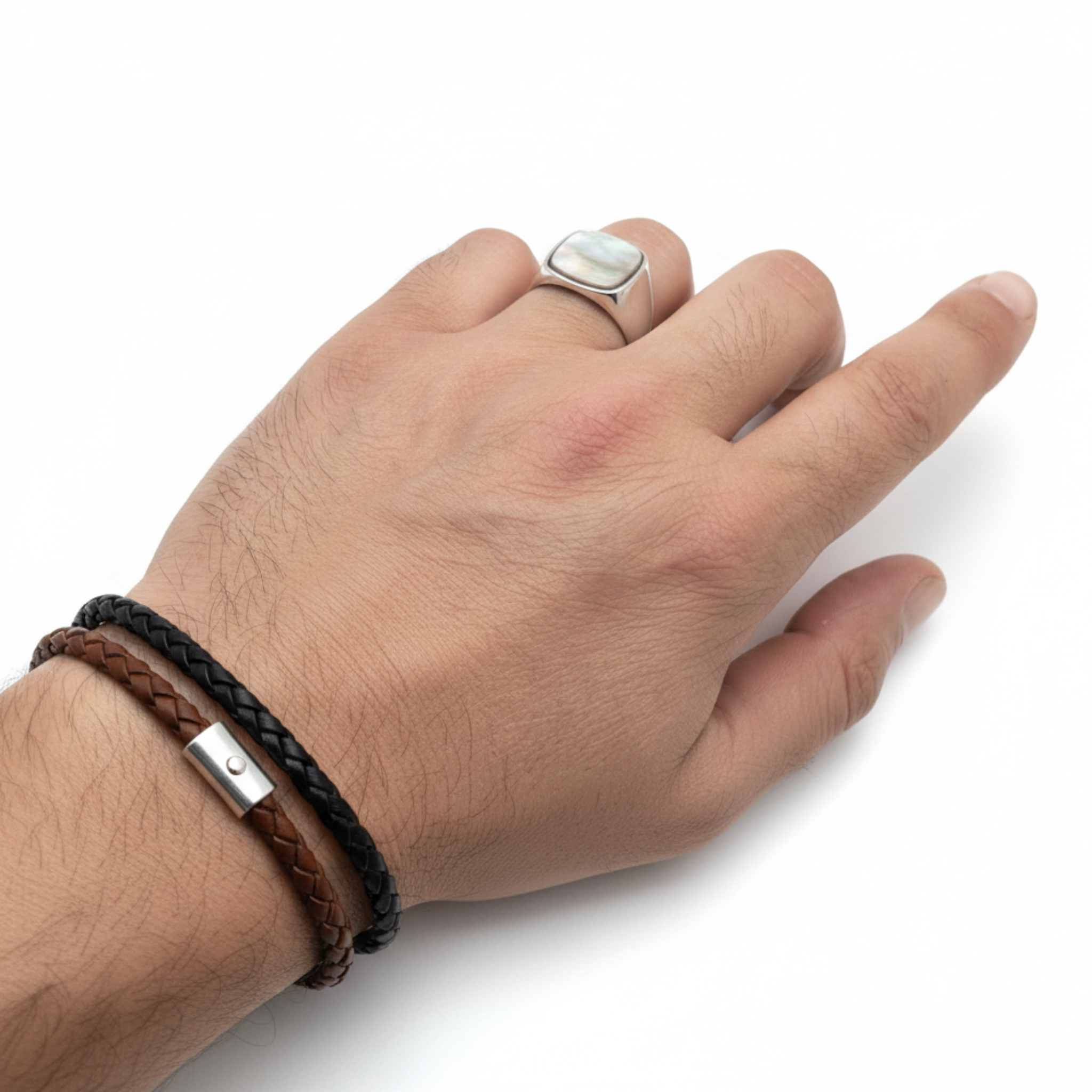 Chevalière Homme Argent 925 Nacre Gris Anthracite Cabochon Carré Arrondi Minimaliste