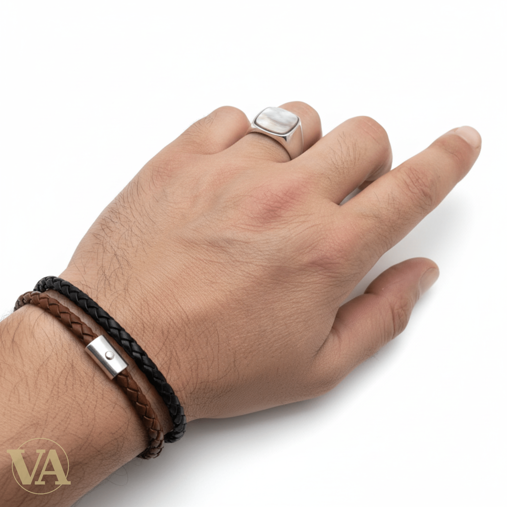 Chevalière Homme Argent 925 Nacre Gris Anthracite Cabochon Carré Arrondi Minimaliste